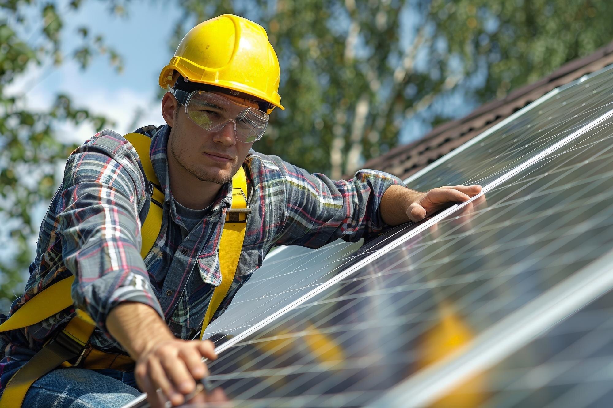 Installateur posant des panneaux solaires photovoltaïques, autoconsommation et raccordement sur toiture